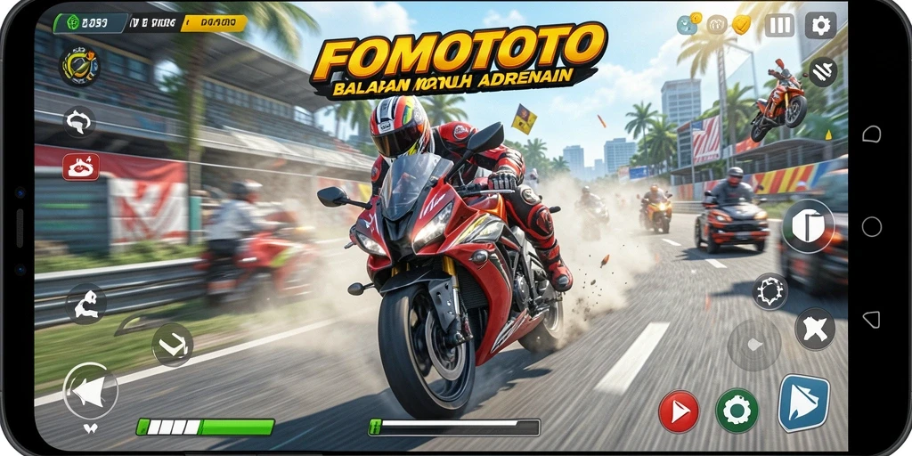 Tangkapan layar gameplay FOMOTOTO dengan action balapan motor yang intens.