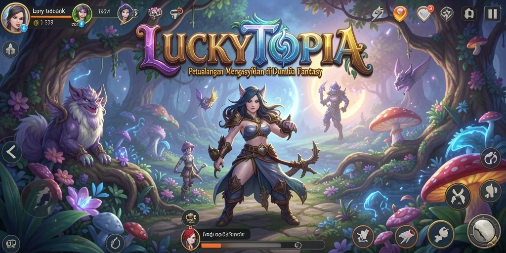 Tampilan gameplay <strong>LUCKYTOPIA</strong> yang penuh warna dan menantang.