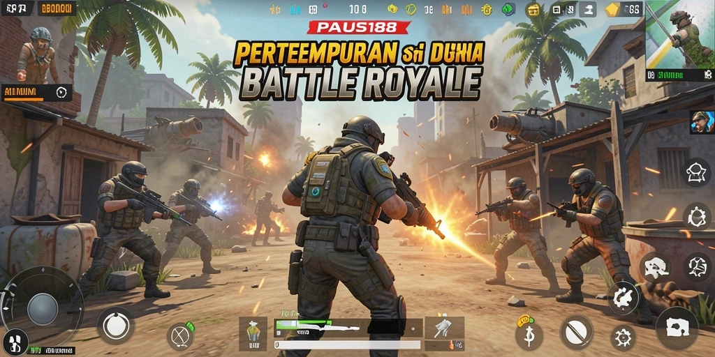 Screenshot menunjukkan aksi intens dalam game Battle Royale.