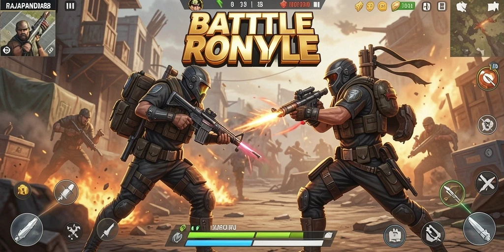 Screenshot utama RAJAPANDA88 menampilkan aksi seru dalam Battle Royale.