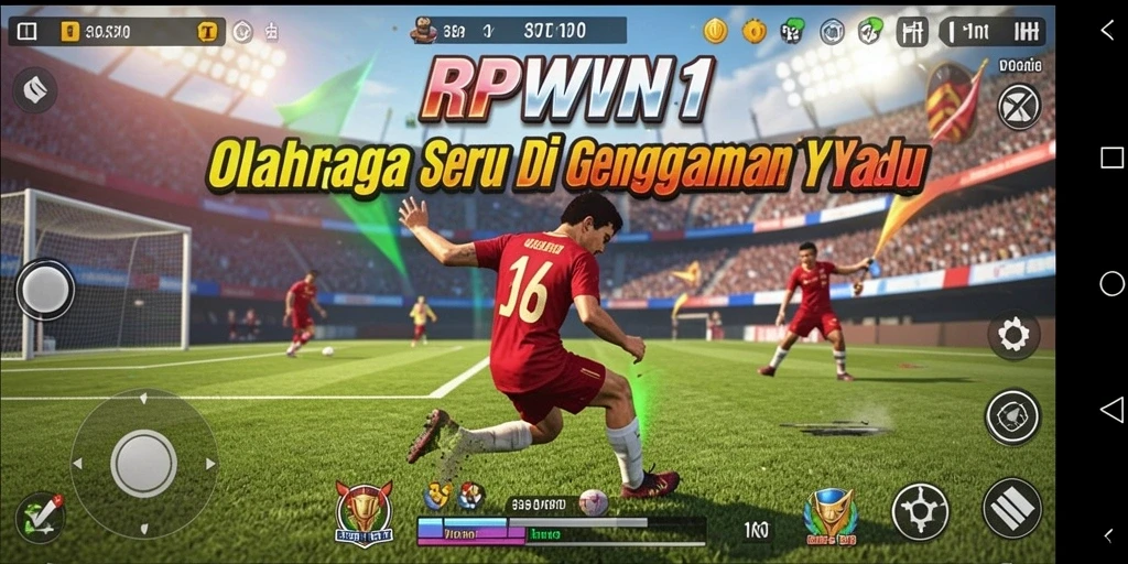 Screenshot utama RPWIN1 menunjukkan momen seru dalam pertandingan olahraga.