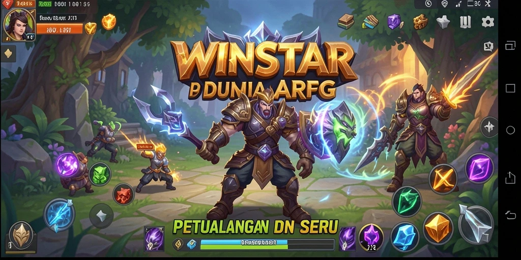 Tangkapan layar gameplay WINSTAR menampilkan pertarungan epik di dunia fantasi.